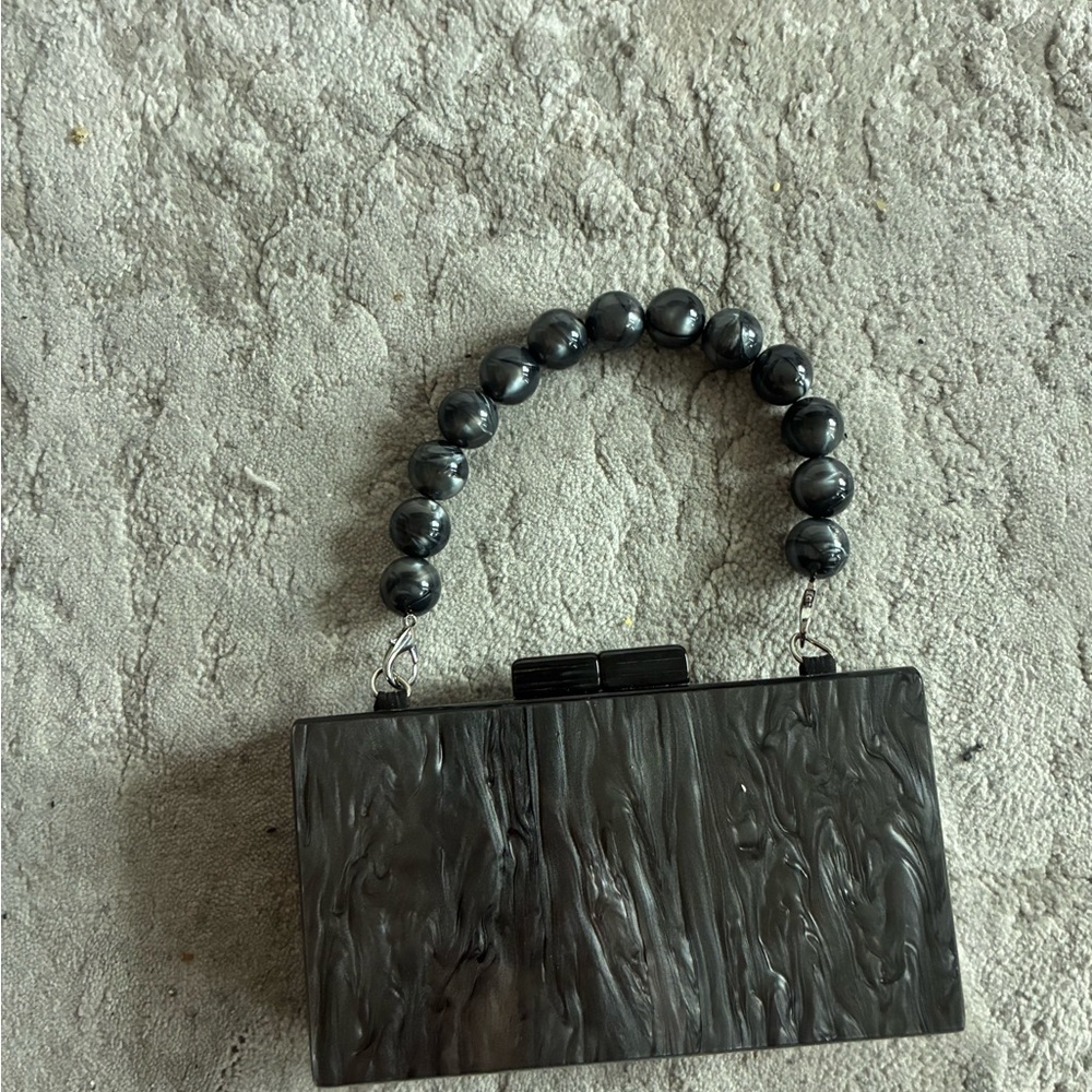 Elegant Black Marble Clutch with Beaded Handle